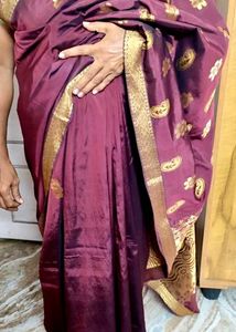 Burgundy Silk Saree with Gold Border And Blouse