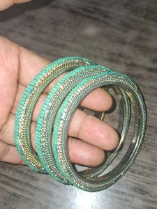 Teal &amp; Gold Beaded Bangles (Set of 3)