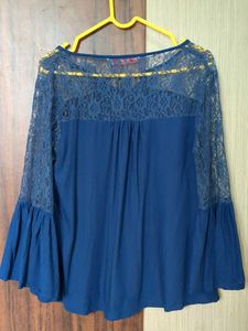 Lace Sleeve Navy Blouse