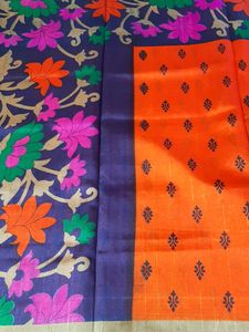 Bright Orange And Navy Blue Combination Almost NEW Art Silk Saree.