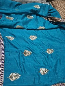 Teal Fabric with Gold Embroidery