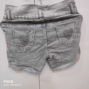 Gray Denim Shorts with Distressed Detail