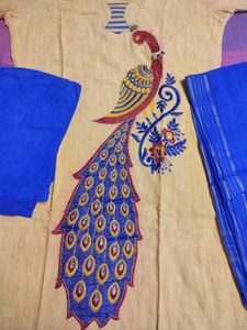 Mango Yellow N Blue Kurta Set Peacock Embroidery