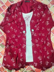 Floral Red Jacket with White Tank Top