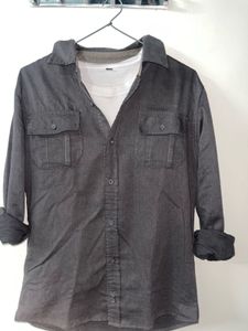 Gray Long Sleeve-Down Shirt with a white t