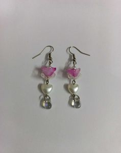 Cute Handmade Pink Floral Drop Earrings with Heart