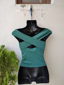SHEIN Ribbed Knit Bardot Crossover Top