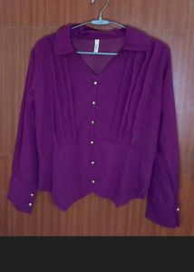 Elegant Plum Pleated V-Neck Blouse
