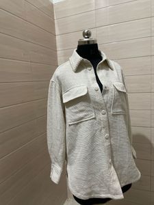 H&amp;M oversized pearl trim collared shirt/jacket