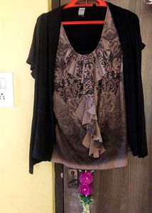 Brown Patterned Blouse with Black Cardigan