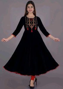 Elegant Embroidered Black Velvet Kurti