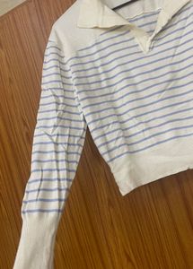 Beige Striped Semi Woolen Collered Top