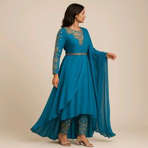 Elegant Teal Indian Outfit with Gold Stone