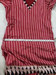 XL Red-Maroon Semi Silk Striped Kurta