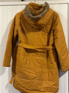 Mustard Puffer Coat with Faux Fur Hood
