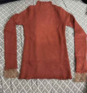Rust-Colored Ribbed Mock Neck Top