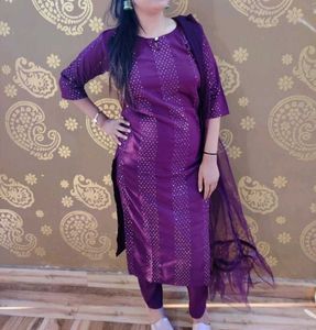 Purple Kurta Set Pant With Dupatta