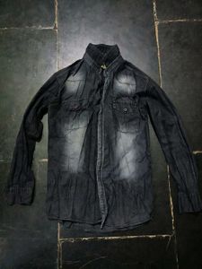 Vintage Black Denim Acid Wash Shaded Button-Down