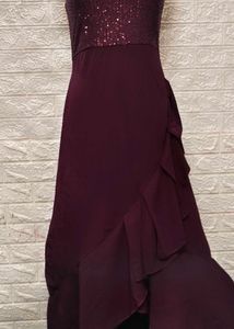 Flarry Maroon Spaghetti Gown With Embroidery