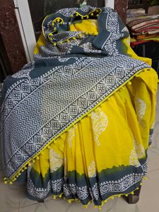 New Yellow&Gray BlockPrint MulmulCotton Saree+Blou