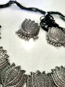 Oxidized Silver Leaf Necklace Set