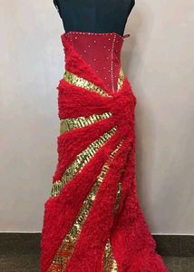 CHERRY RED COUTURE CINDRELLA GOWN IN FUR