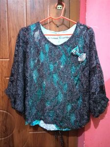 Combo Set Of Butterfly Net Top &amp; Floral Silk Kurta