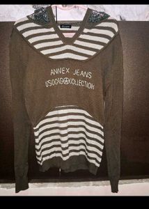 Denim Dress With Brown And  White Striped Hodie