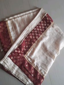 Light Cream Silk Saree With Marron Border
