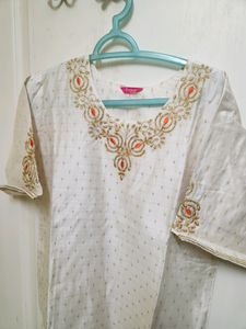 Cream And Orange Chanderi Silk KURTI