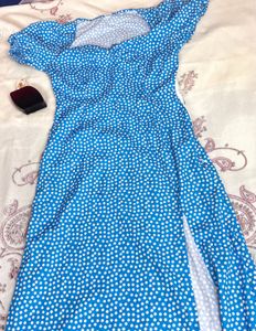 Cafe Type Blue Side Slit Polka Dot Dress