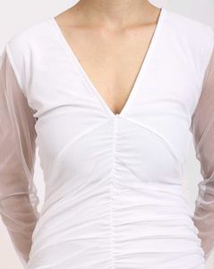 Deep V-Neck Front Ruched Mesh Sleeves A-Line Dress