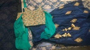 Embroidered  Green &amp; Gold Lehenga with Sleeves