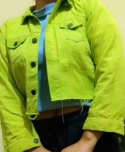 Stylish Crop Lime Green Denim Jacket For Girls