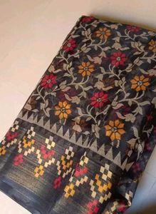 Black Floral Woven Sari