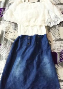 White Lace Top with Denim Skirt