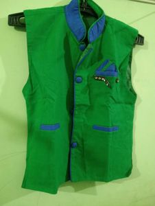 Green & Blue Accent Vest Coat For Boy