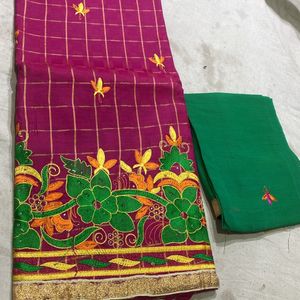 Rani Colourful Thread Work Contrasted Duppta Green