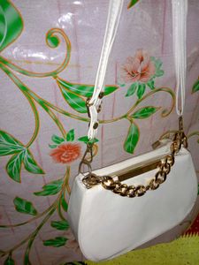 White Handbag with Gold Chain