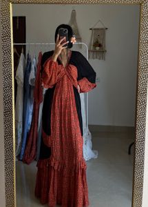 Printed Orange-Black Tiered BOHO Maxi