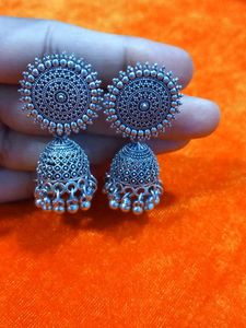 Silver Tone Jhumka Earring Set