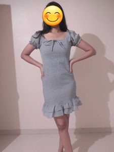 Light Grey Smocked Puff Sleeve Mini Dress with Ruf