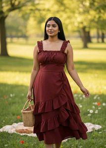 🍒 Vintage Cherry Ruffle High low Midi Dress