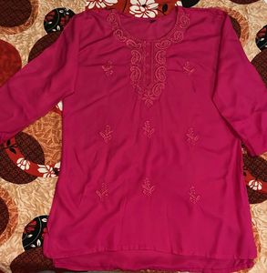 Short embroidery kurti  dar pink color
