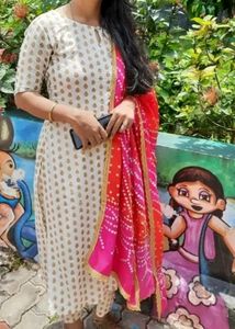Cream Suit with Red Dupatta