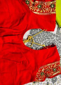 Green Embroidered Saree with red contrast blouse