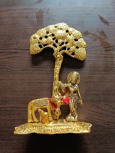 Metal Krishna with Cow Standing Under Tree