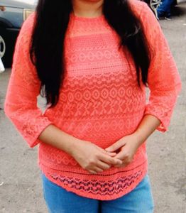 Coral Colour Net Top 💖