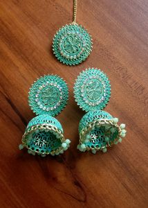 Turquoise Fancy Earrings With Maangtika For Parties
