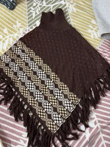 Brown Knit Fringe Poncho